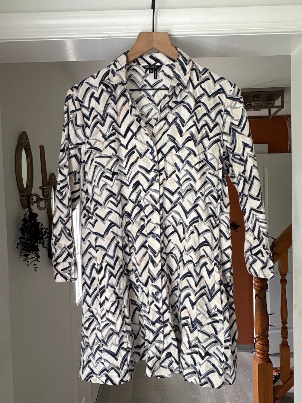 Nic + Zoe Line Print Button Up Shirt Dress Medium Long Sleeve Mini